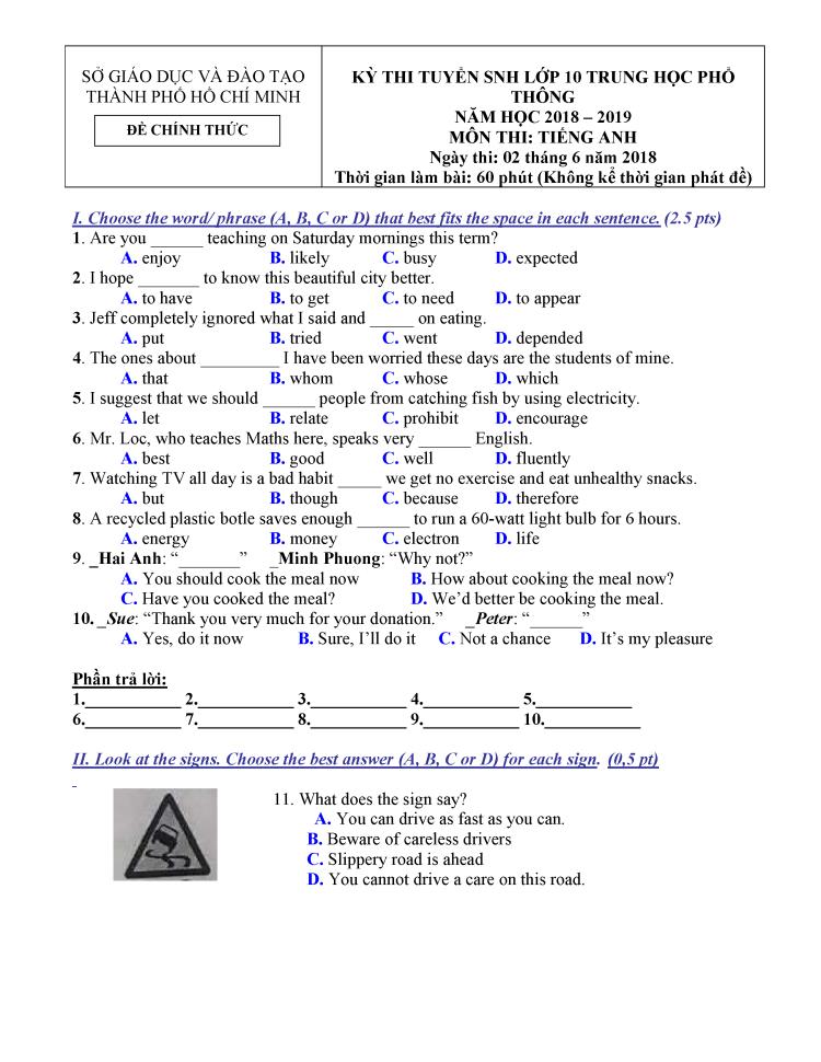 đề thi tiếng anh tuyển sinh lớp 10 năm 2018