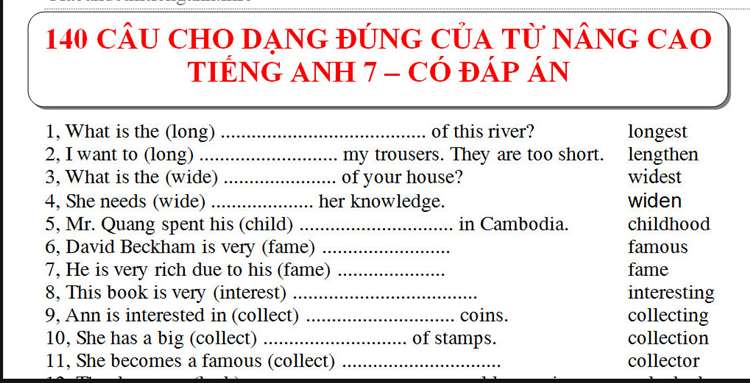 cho dạng đúng của từ trong ngoặc