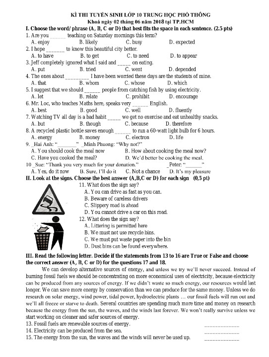 Đề thi tiếng anh tuyển sinh lớp 10 năm 2018